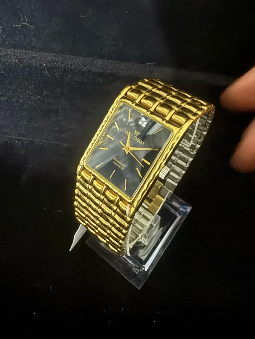 Waltham Gold-Tone Black Dial Diamond Accent Quartz Watch